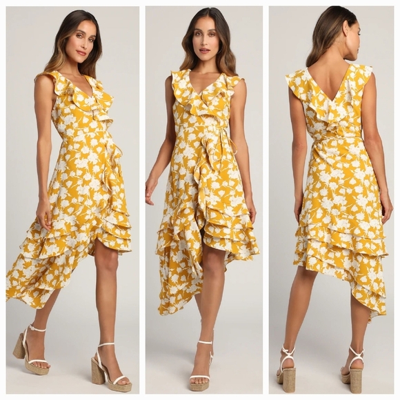 NWT Lulus Floral Ruffle Asymmetrical Wrap Dress in Yellow and White Size L - Picture 1 of 15